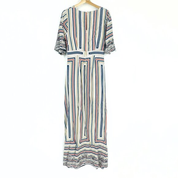 Cotton Bleu Multi Flutter Sleeve Striped Scarf Print V-neck Keyhole Maxi Dress S - Picture 2 of 13